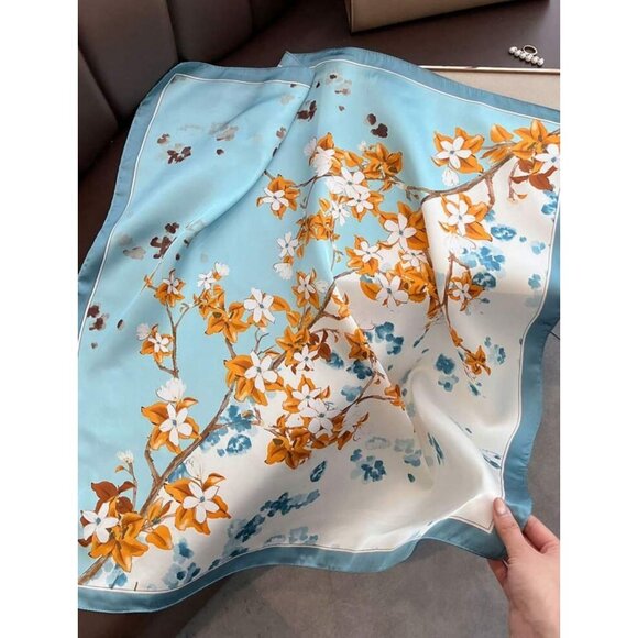 Luxurious Elegant Silky Square Scarf Blue White Orange Floral Blossom Wrap hijab - Picture 3 of 4